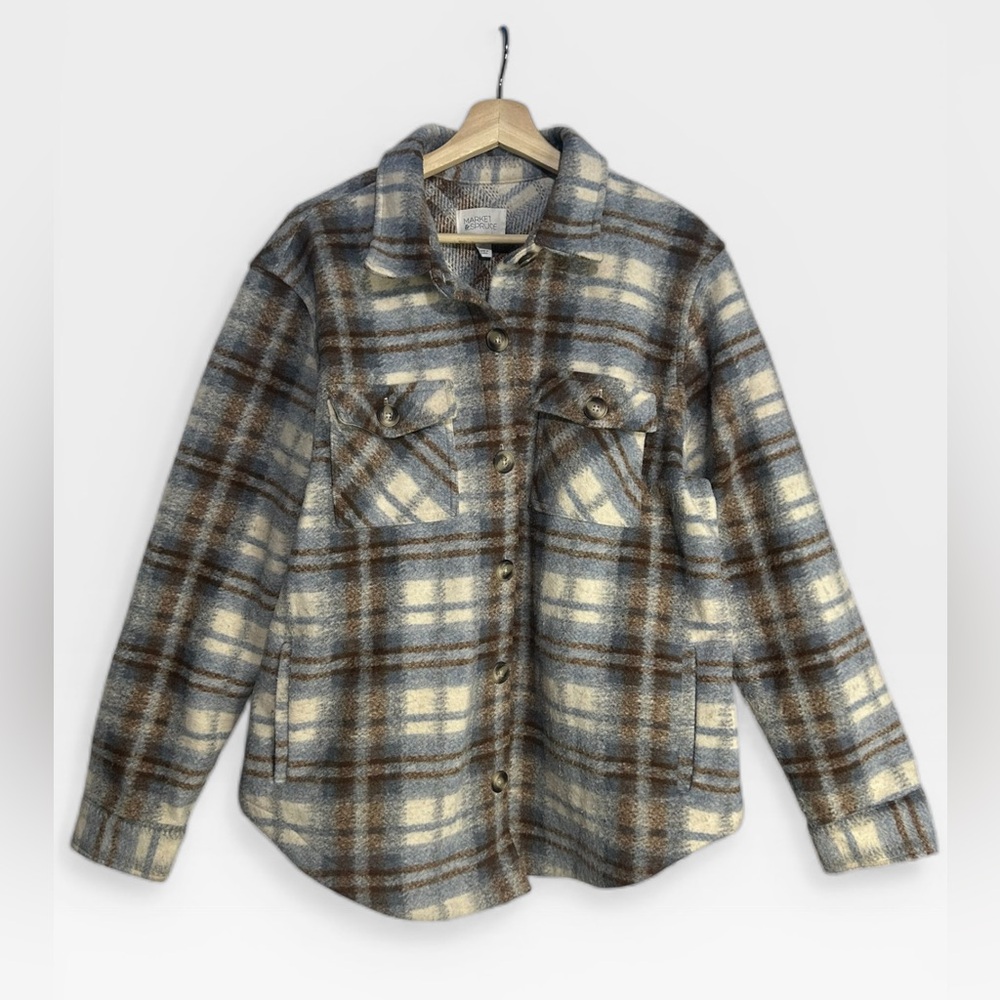 Market‎ & Spruce 100% Recycled Fabric Blue Plaid Button Front Fleece Coat XL